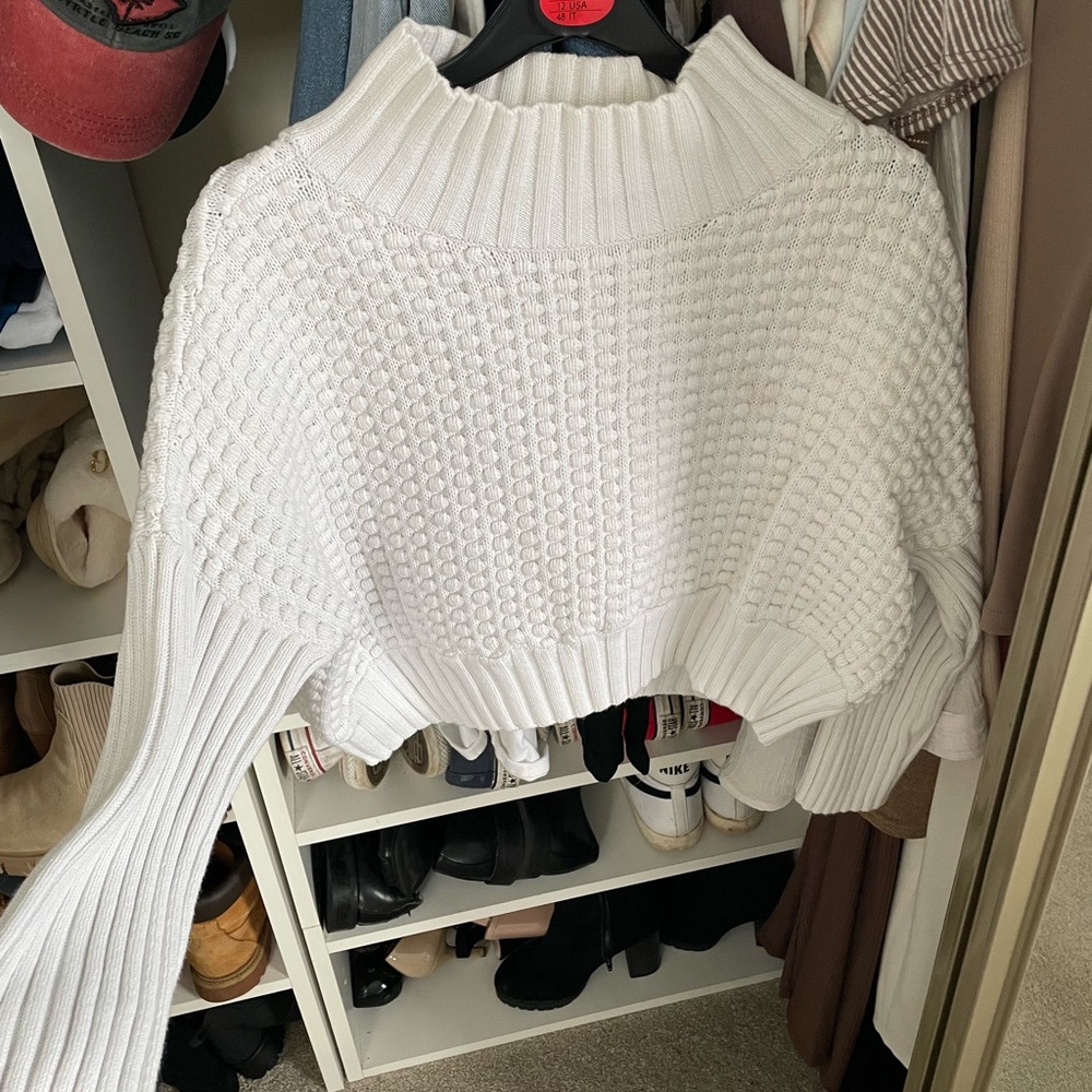 White Cropped Textured Knit Sweater - Women